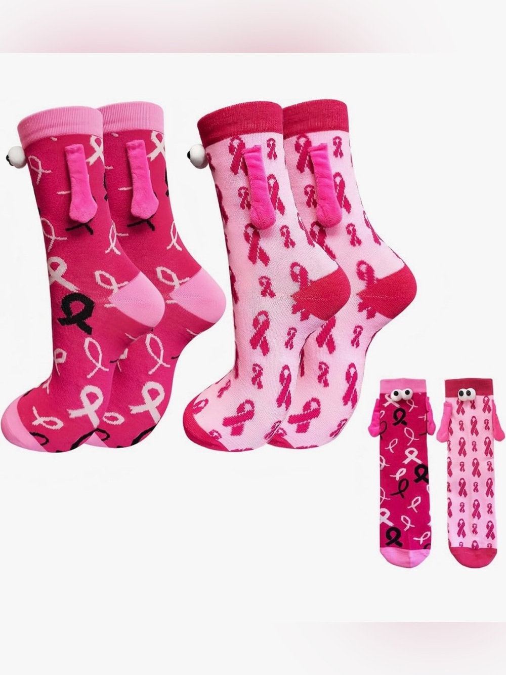 Cute Funny Pink Ribbon Breast Cancer Awareness Crew Socks - 2 Pair - Magnetic